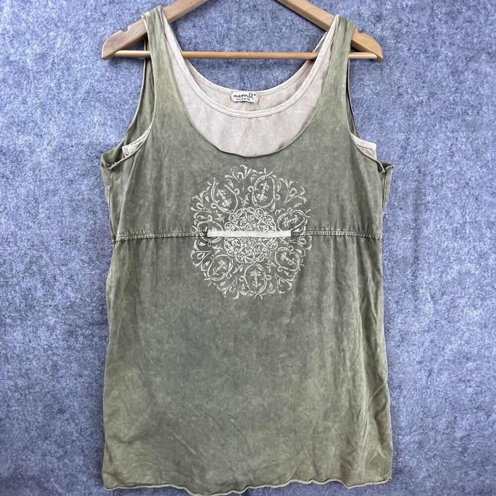 One World Dress Medium Khaki Green Layered Ribbon Grunge 90s Y2K Boho Earthy USA